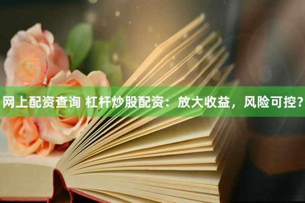 网上配资查询 杠杆炒股配资：放大收益，风险可控？